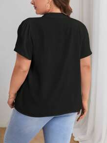 SHEIN Privé Plus Notched Neckline Puff Sleeve Blouse - Black - View 2