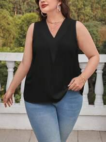 SHEIN Essnce Plus Solid V Neck Blouse - Black - View 1