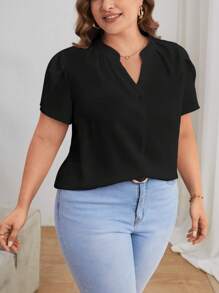 SHEIN Privé Plus Notched Neckline Puff Sleeve Blouse - Black - View 4