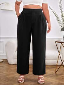 SHEIN Essnce Plus Solid Slant Pocket Straight Leg Trousers - Black - View 1