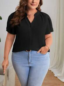 SHEIN Privé Plus Notched Neckline Puff Sleeve Blouse - Black - View 5