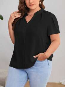 SHEIN Privé Plus Notched Neckline Puff Sleeve Blouse - Black - View 6