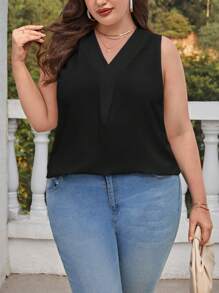 SHEIN Essnce Plus Solid V Neck Blouse - Black - View 4