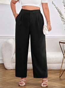 SHEIN Essnce Plus Solid Slant Pocket Straight Leg Trousers - Black - View 3