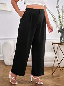 SHEIN Essnce Plus Solid Slant Pocket Straight Leg Trousers - Black - View 5