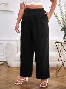 SHEIN Essnce Plus Solid Slant Pocket Straight Leg Trousers - Black - View 6