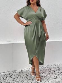 Flirla Plus Batwing Sleeve Wrap Hem Dress - Army Green - View 3
