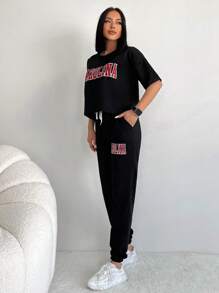 RueChic Letter Graphic Drop Shoulder Tee & Drawstring Waist Joggers - Black - View 4
