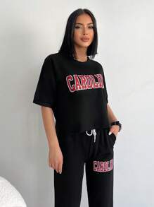 RueChic Letter Graphic Drop Shoulder Tee & Drawstring Waist Joggers - Black - View 5