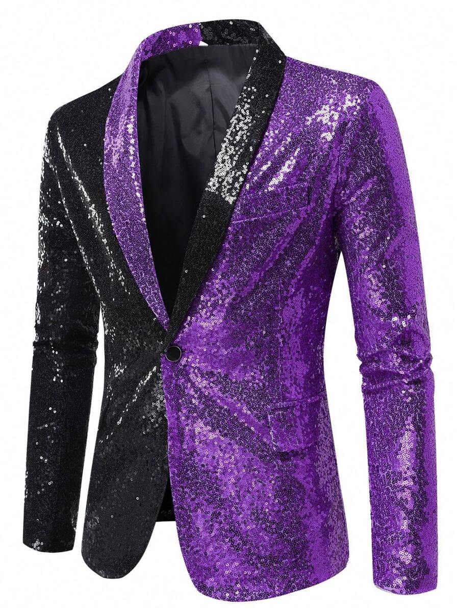 Men Two Tone Single Button Sequin Blazer