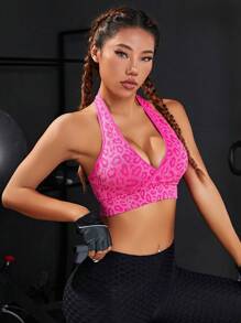 Easithlete Leopard Print Backless Crop Halter Sports Bra