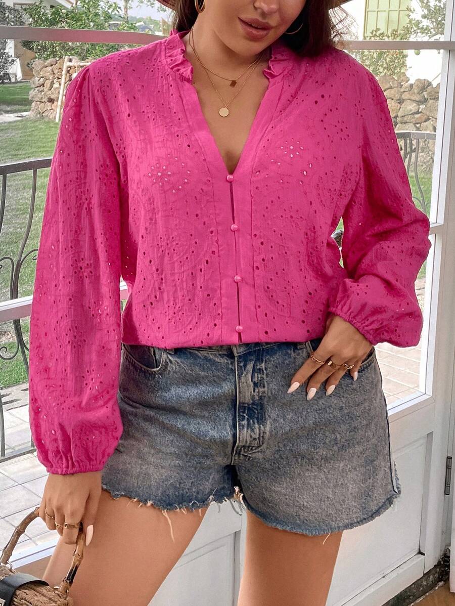 SHEIN LUNE 大碼網眼刺繡燈籠袖襯衫 - 玫紅色 - 查看 1