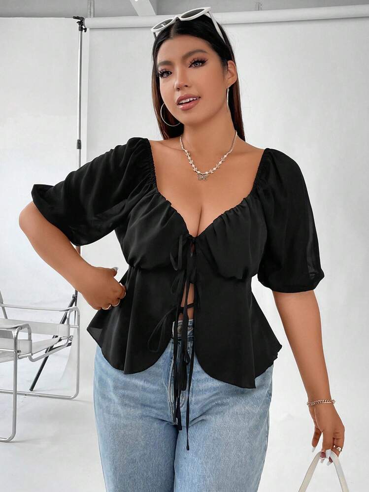 Flirla פלוס קשירה קדמי שרוולים נפוחים חולצה Peplum Top - שחור - ראה 6