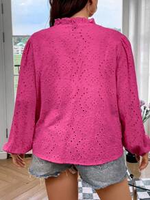 SHEIN LUNE 大碼網眼刺繡燈籠袖襯衫 - 玫紅色 - 查看 2