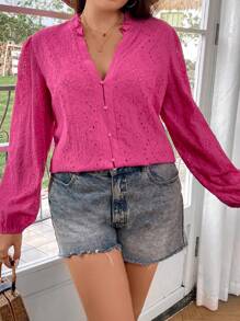 SHEIN LUNE 大碼網眼刺繡燈籠袖襯衫 - 玫紅色 - 查看 7