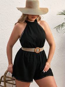 SHEIN VCAY Plus Swiss Dot Halter Neck Romper Without Belt - Black - View 4