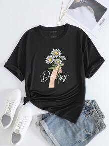 SHEIN EZwear 花和字母圖案T恤 - 黑色 - 查看 1