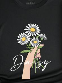SHEIN EZwear 花和字母圖案T恤 - 黑色 - 查看 6