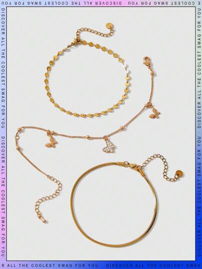 3入組兒童水鑽裝飾蝴蝶墜飾不銹鋼時尚腳錬適用於生日禮物