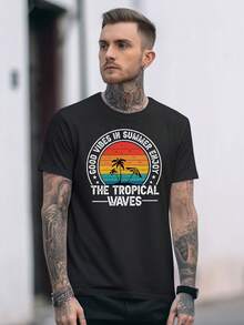 Men Coconut Tree & Letter Graphic Tee - Black - View 1