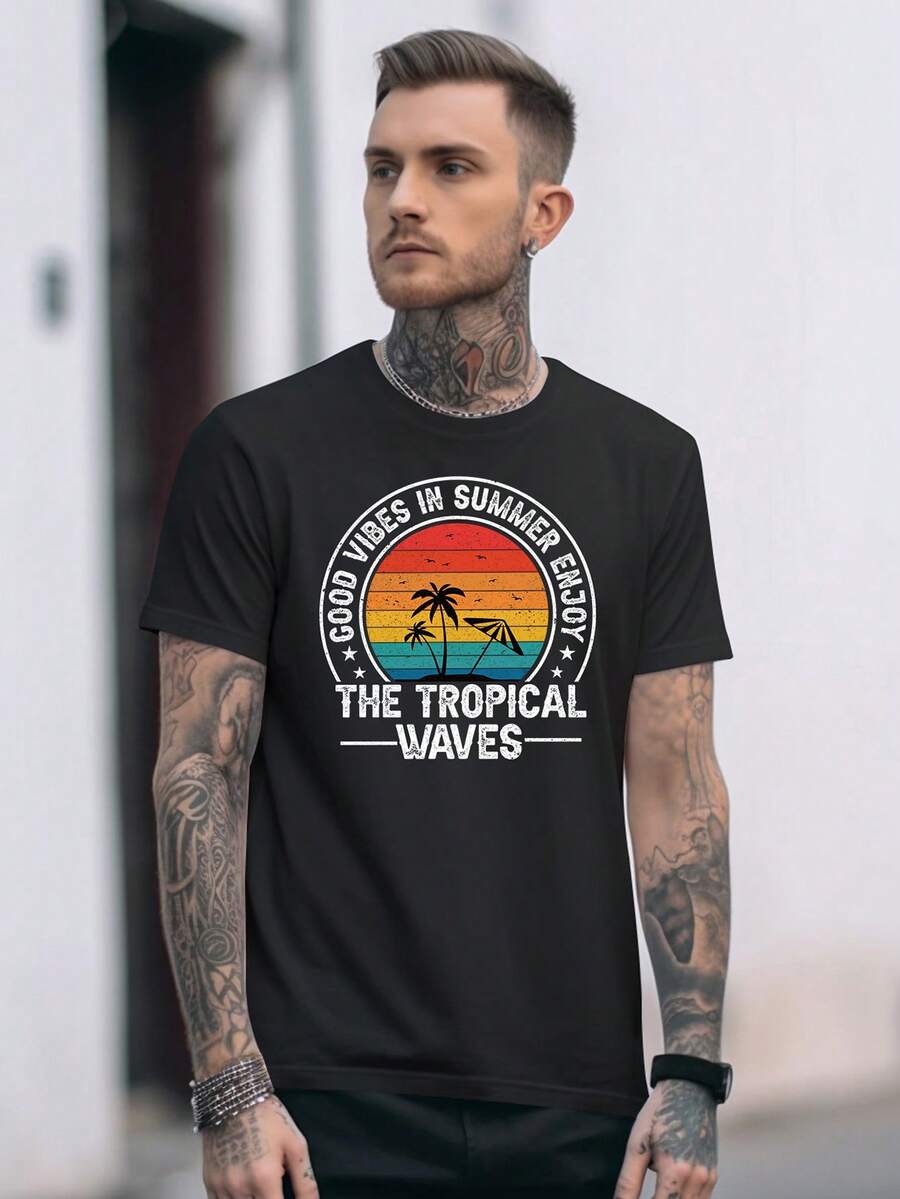 Men Coconut Tree & Letter Graphic Tee - Black - View 1