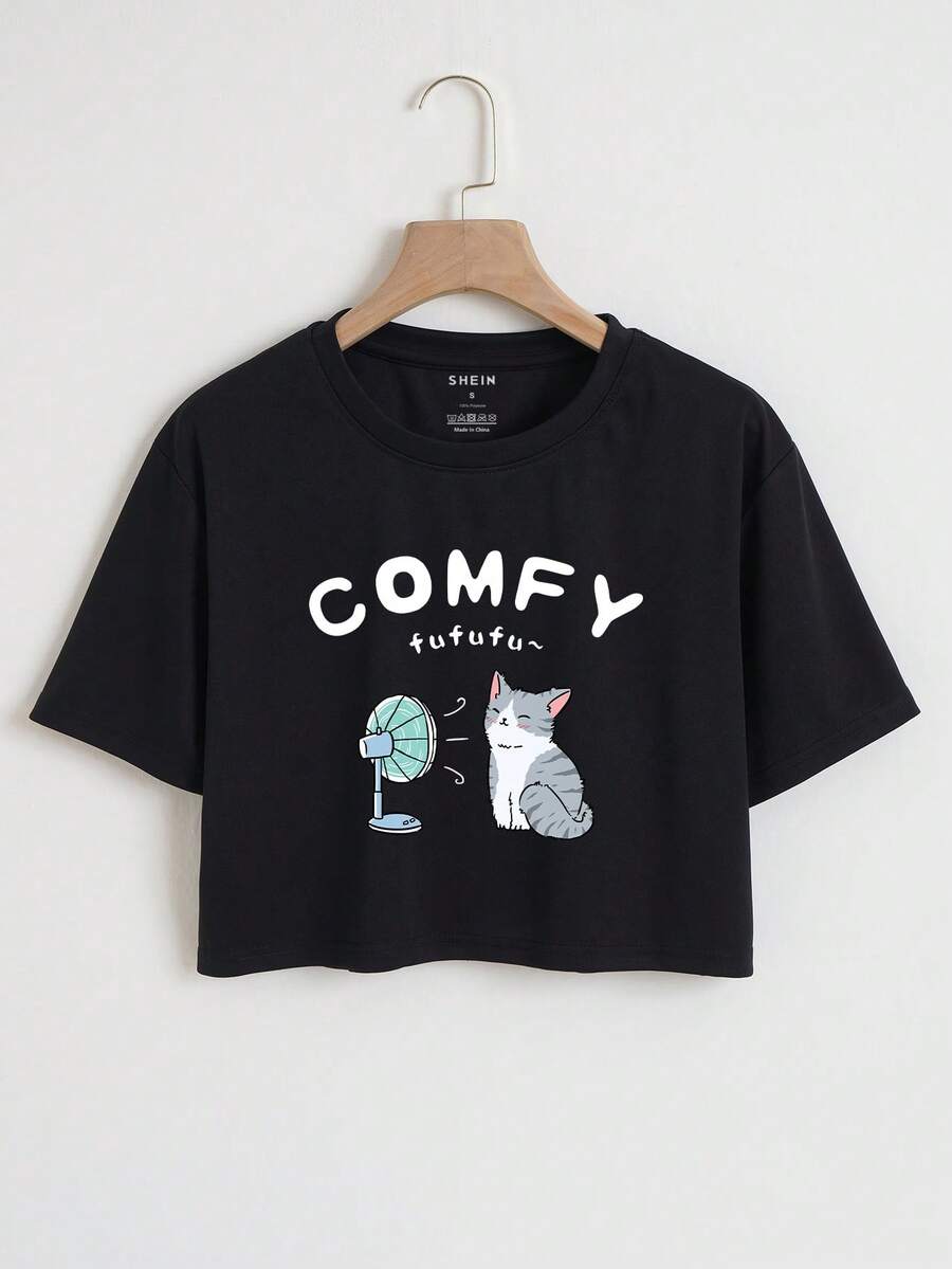 SHEIN EZwear Cartoon & Letter Graphic Crop Tee - Black - View 1