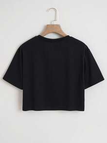 SHEIN EZwear Cartoon & Letter Graphic Crop Tee - Black - View 2