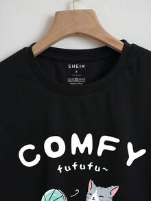 SHEIN EZwear Cartoon & Letter Graphic Crop Tee - Black - View 4