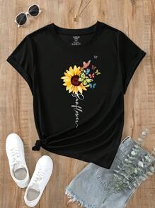 INAWLY Hơn Đồ họa chữ và hoa Áo thun - màu đen - Xem 1