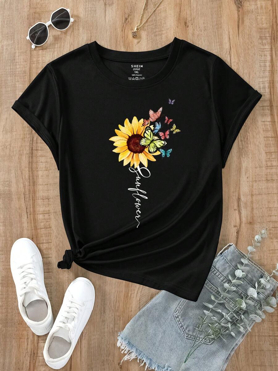 INAWLY Hơn Đồ họa chữ và hoa Áo thun - màu đen - Xem 1