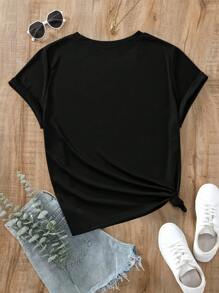 INAWLY Hơn Đồ họa chữ và hoa Áo thun - màu đen - Xem 2