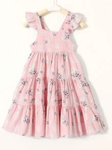 少女甜美優雅的花卉印花分層裙，荷葉邊褶飾，柔軟舒適 - 粉色 - 查看 1