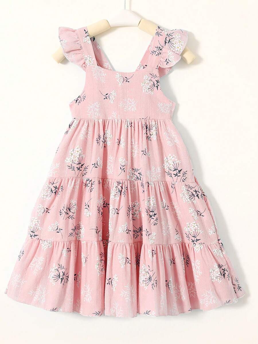 少女甜美優雅的花卉印花分層裙，荷葉邊褶飾，柔軟舒適 - 粉色 - 查看 1