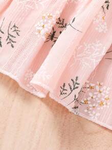少女甜美優雅的花卉印花分層裙，荷葉邊褶飾，柔軟舒適 - 粉色 - 查看 3