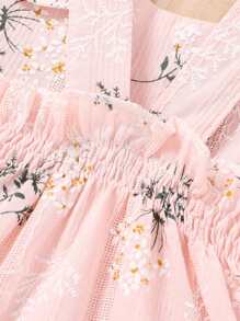 少女甜美優雅的花卉印花分層裙，荷葉邊褶飾，柔軟舒適 - 粉色 - 查看 4