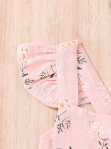 少女甜美優雅的花卉印花分層裙，荷葉邊褶飾，柔軟舒適 - 粉色 - 查看 5