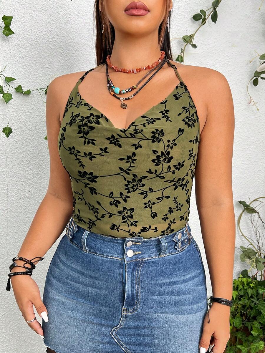 PUNK Plus Floral Print Draped Front Halter Top - Olive Green - View 1