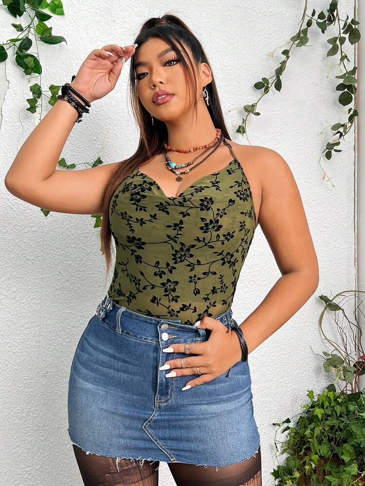 PUNK 大碼印花前垂褶掛脖上衣 - 橄欖綠 - 查看 7