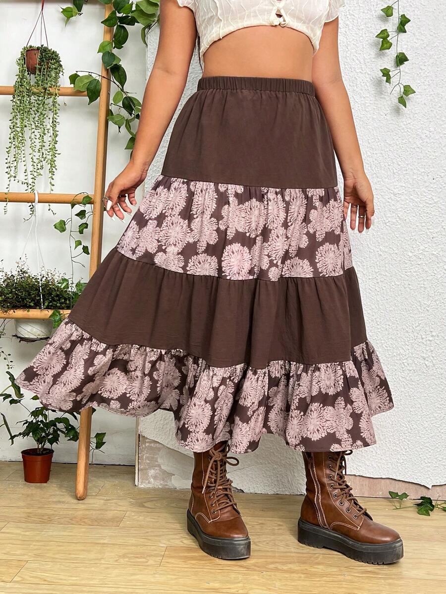 PUNK Plus Floral Print Layered Hem Skirt