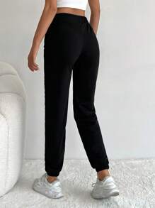 SHEIN PETITE Casual Solid Color Sweat Pants With Elastic Waistband And Laced Ankle Curve