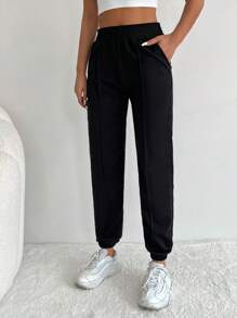 SHEIN PETITE Casual Solid Color Sweat Pants With Elastic Waistband And Laced Ankle Curve