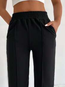 SHEIN PETITE Casual Solid Color Sweat Pants With Elastic Waistband And Laced Ankle Curve
