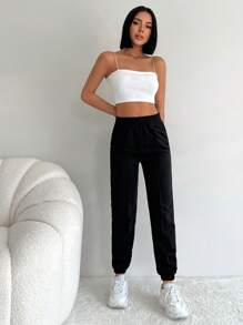 SHEIN PETITE Casual Solid Color Sweat Pants With Elastic Waistband And Laced Ankle Curve