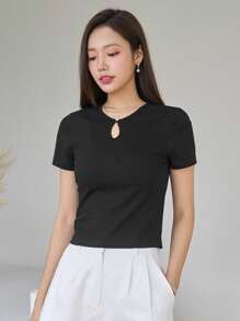 DAZY Đường viền lỗ khóa Đồ đan Ribbed Áo thun - màu đen - Xem 5