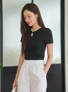 DAZY Đường viền lỗ khóa Đồ đan Ribbed Áo thun - màu đen - Xem 3