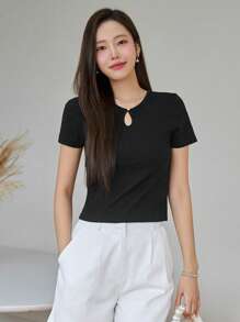 DAZY Đường viền lỗ khóa Đồ đan Ribbed Áo thun - màu đen - Xem 4