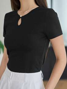 DAZY Đường viền lỗ khóa Đồ đan Ribbed Áo thun - màu đen - Xem 7