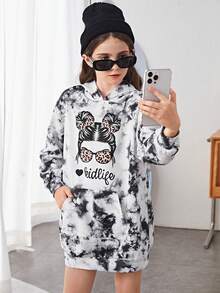 SHEIN 少女扎染字母和图案袋鼠口袋落肩卫衣连衣裙 - 黑與白 - 查看 3