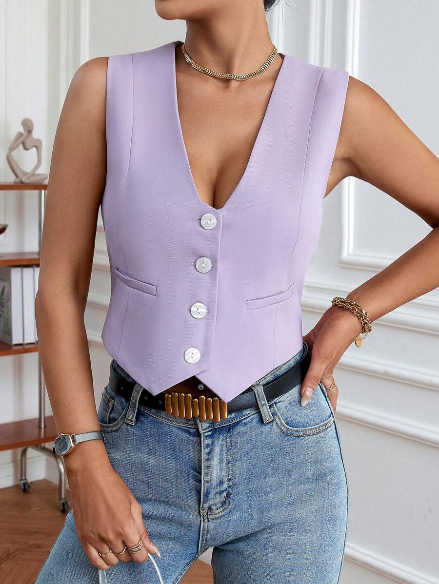 SHEIN Privé 前紐扣短款馬甲 - 淡紫色 - 查看 1