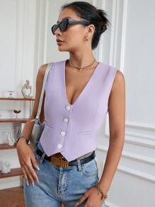 SHEIN Privé 前紐扣短款馬甲 - 淡紫色 - 查看 3